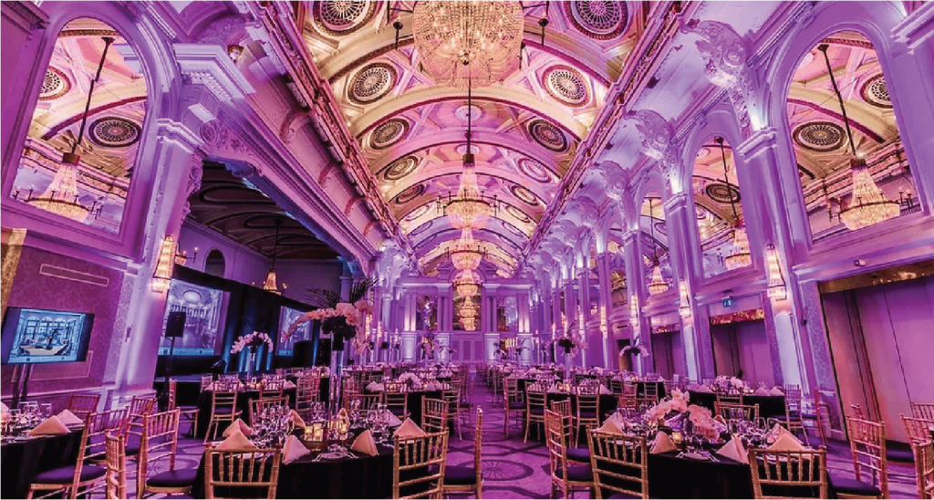 venue banquet hall purple uplighting