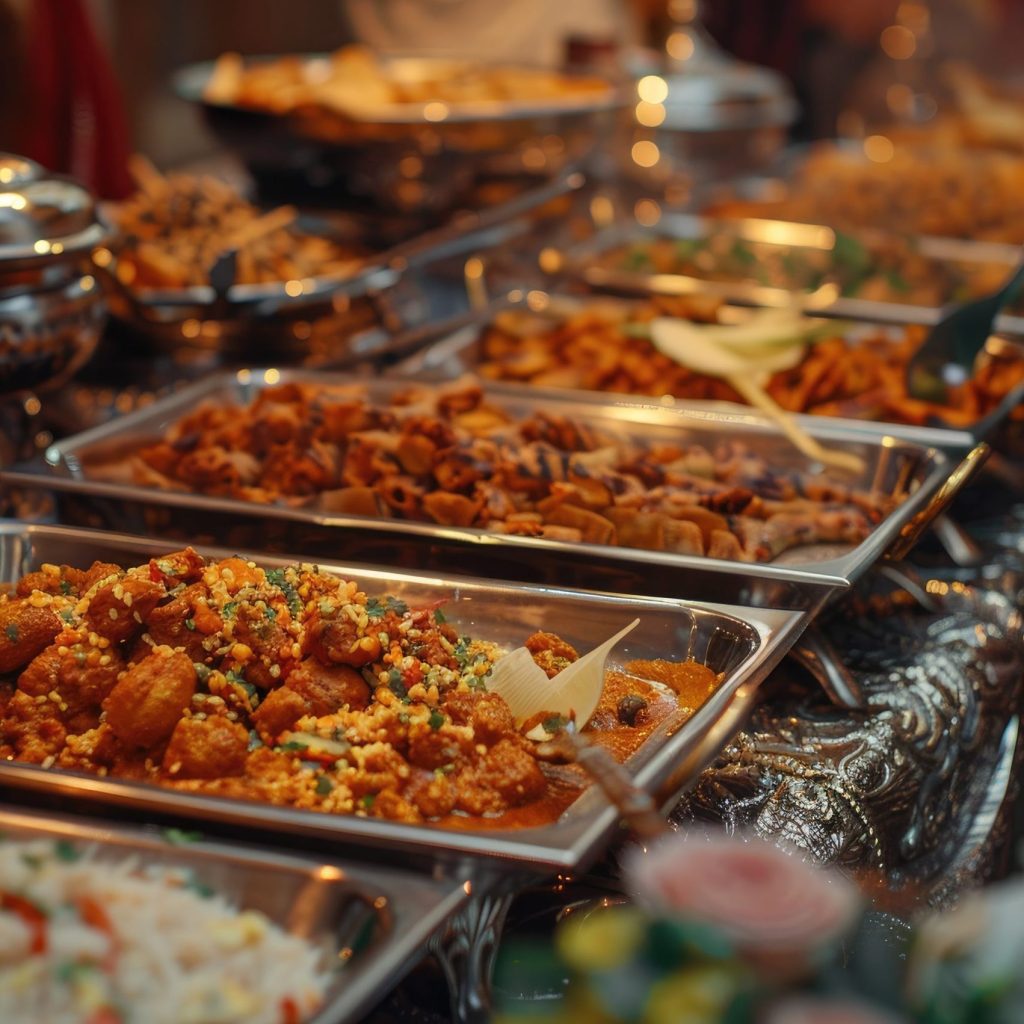 Asian Wedding Catering 16 Selection of Indian wedding buffet dishes including curries and rice served in catering trays