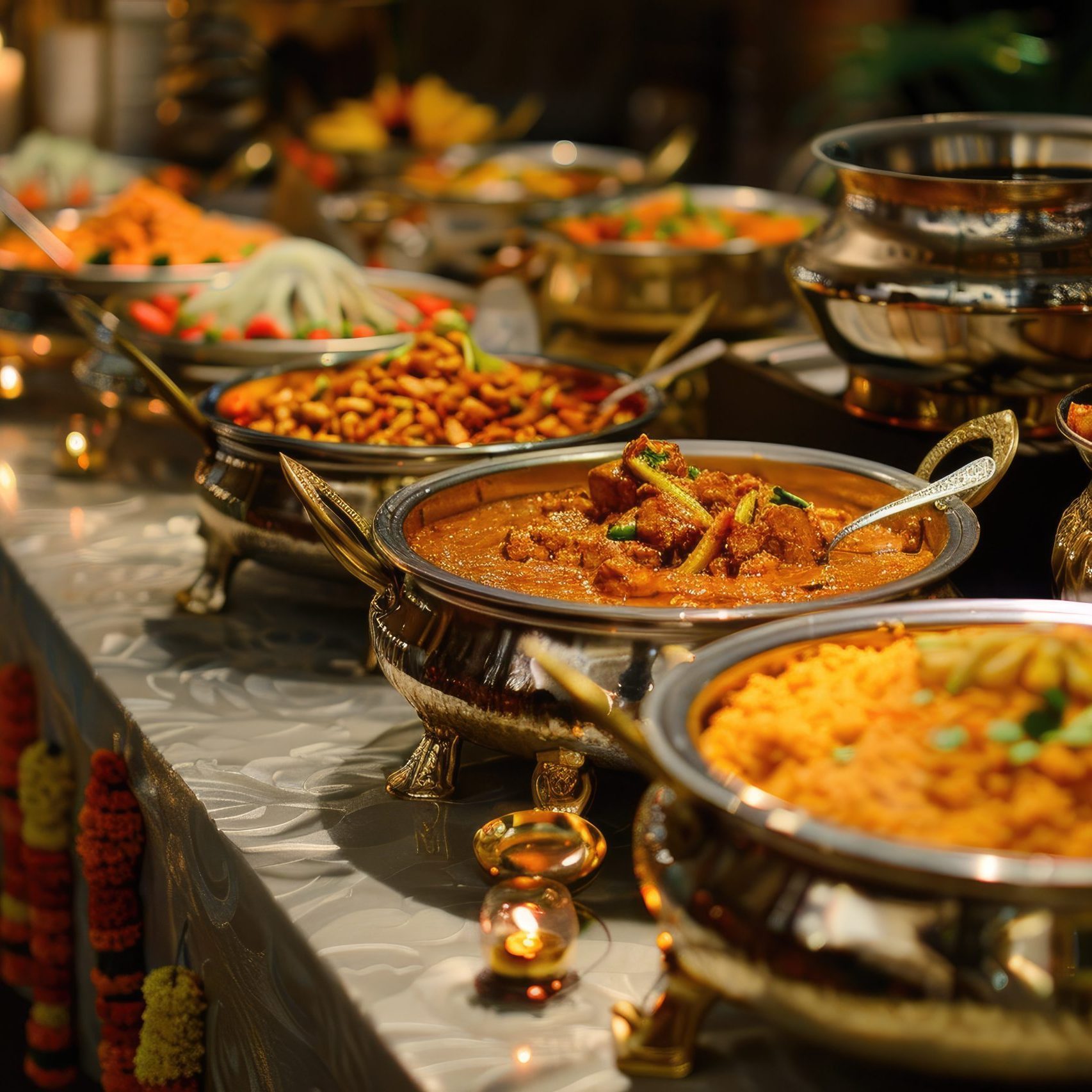 Asian Wedding Catering 9 Traditional Indian wedding buffet spread with a variety of curries and delicious cuisine