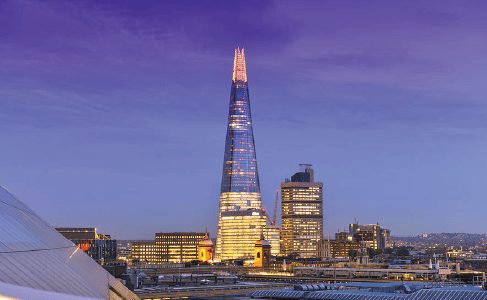 The Shard and London skyline at night, near a city wedding venue