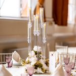 Candelabra centrepiece with crystal drops and pink rose accents