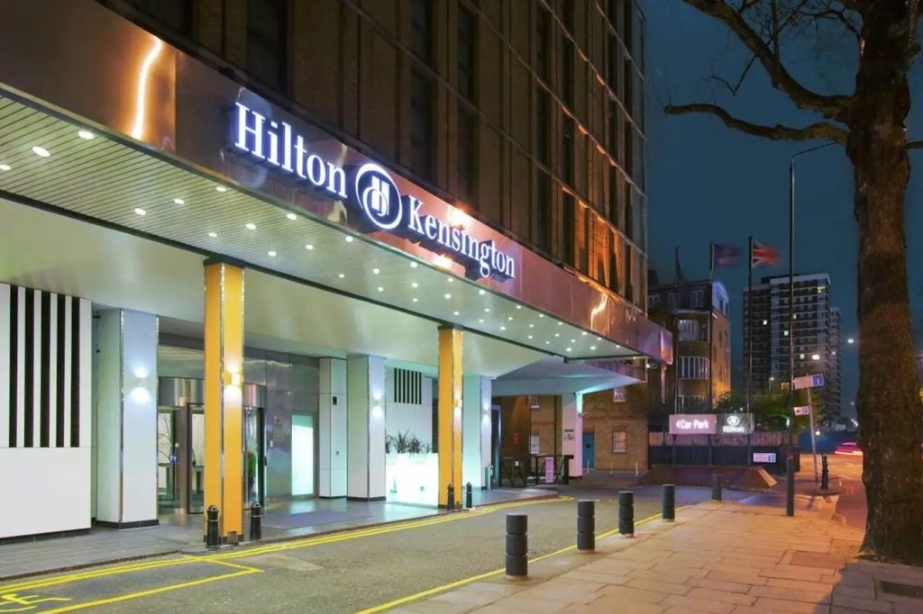 Hilton hotel wedding venue entrance illuminated at night