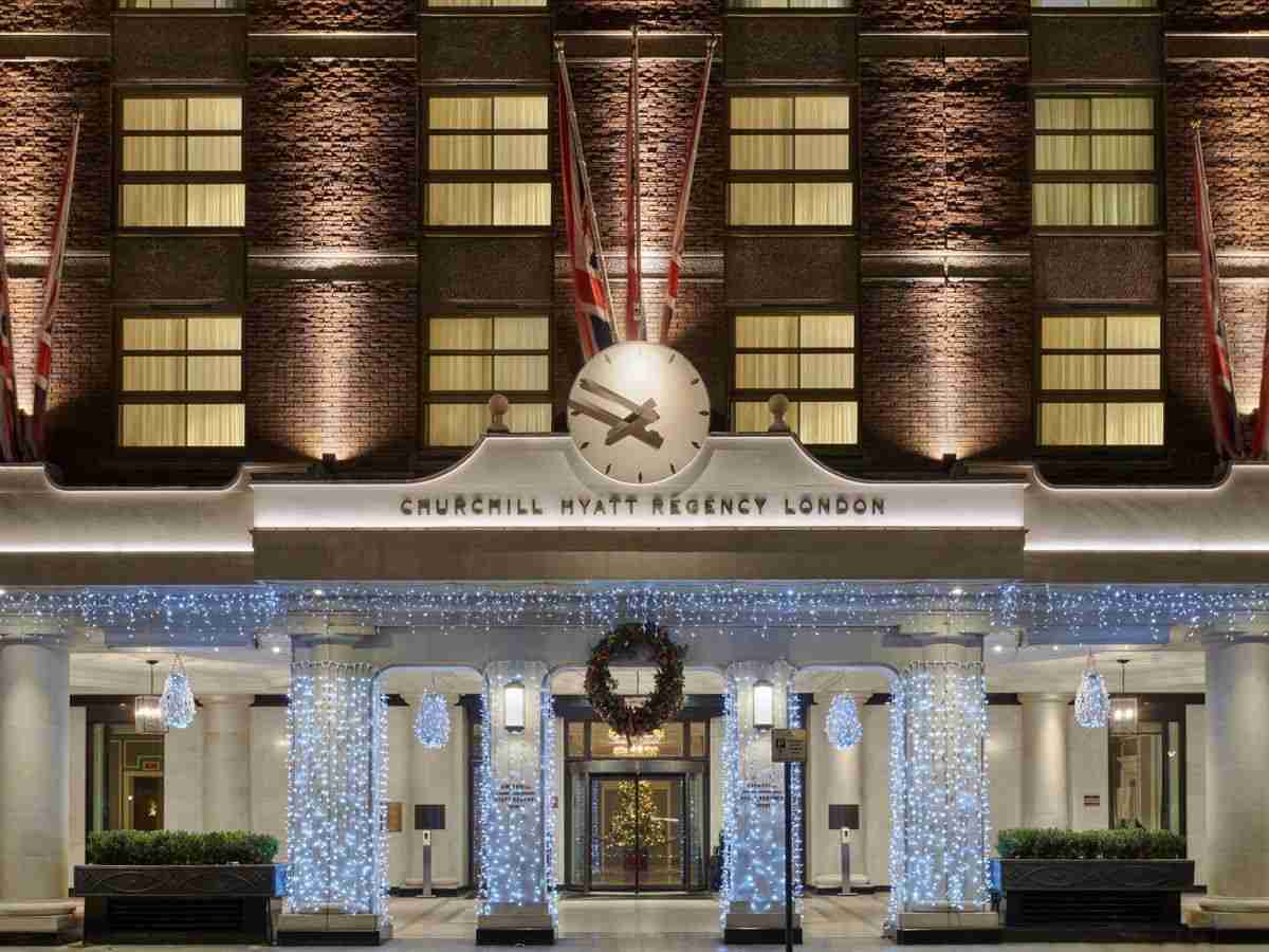 Hyatt Regency London - The Churchill 1 Churchill Hyatt Regency London hotel entrance illuminated at night